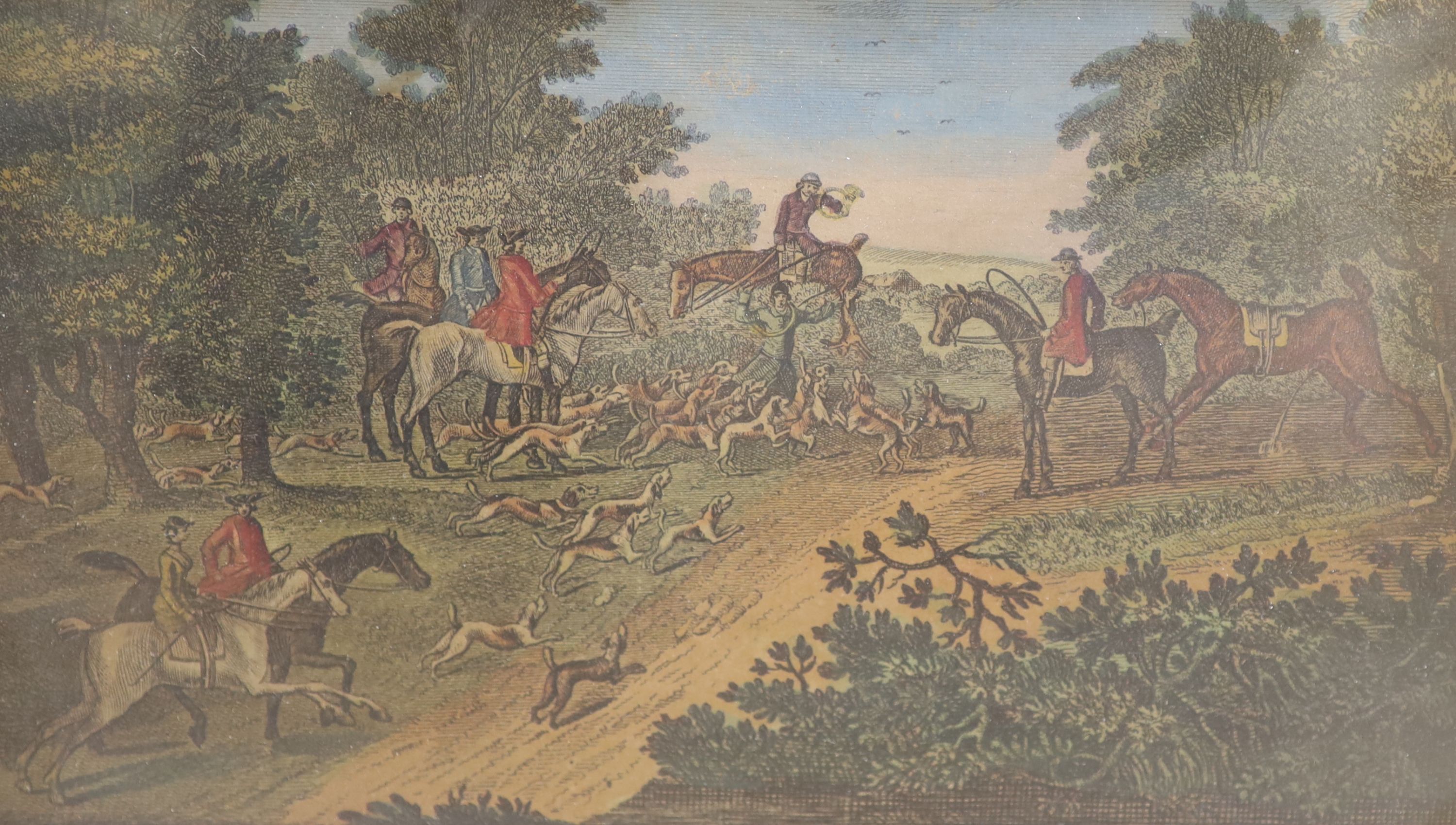 Robert Sayer publ. set of four 18th century coloured engravings, Hunting scenes, 15 x 26cm